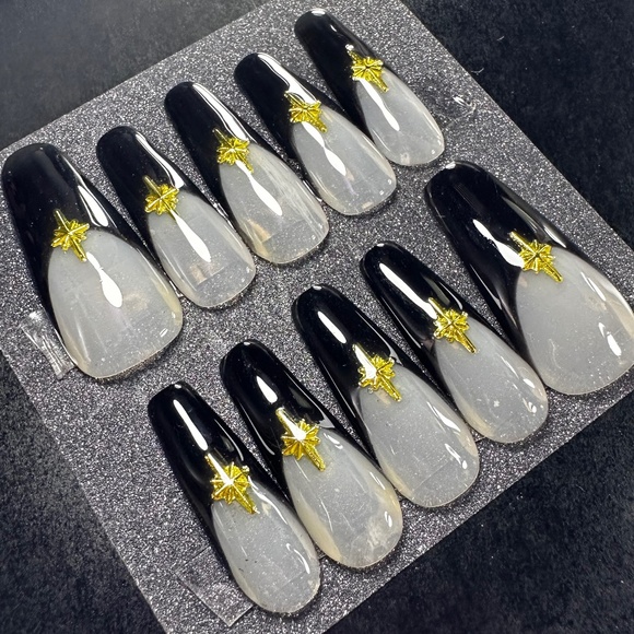 Long coffin french tip black with gold stars handmade press on nails - Picture 3 of 5